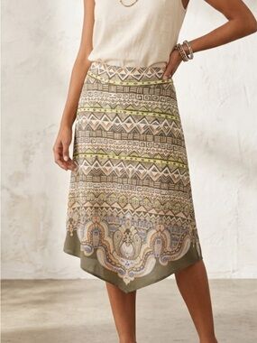 Chico's Patterned Midi Skirt in Olive, Tan & Cream